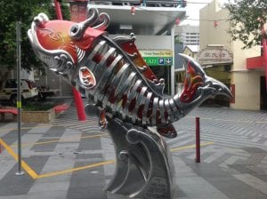 fortitude valley, metal sculpture of fish in chinatown.