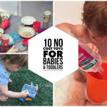 picture collage of young children playing with household items.