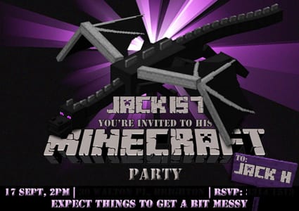 Minecraft birthday party invitation featuring Ender Dragon
