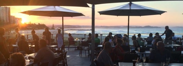 Family Friendly Surf Clubs on the Gold Coast Greenmount Surf Club picture of club balcony at sunset