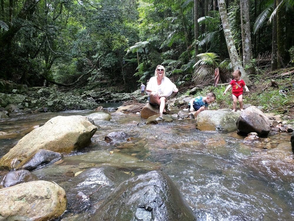 Cougal Cascades family skimming rocks