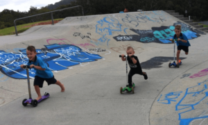 three young boys riding scooters Tweed skate parks