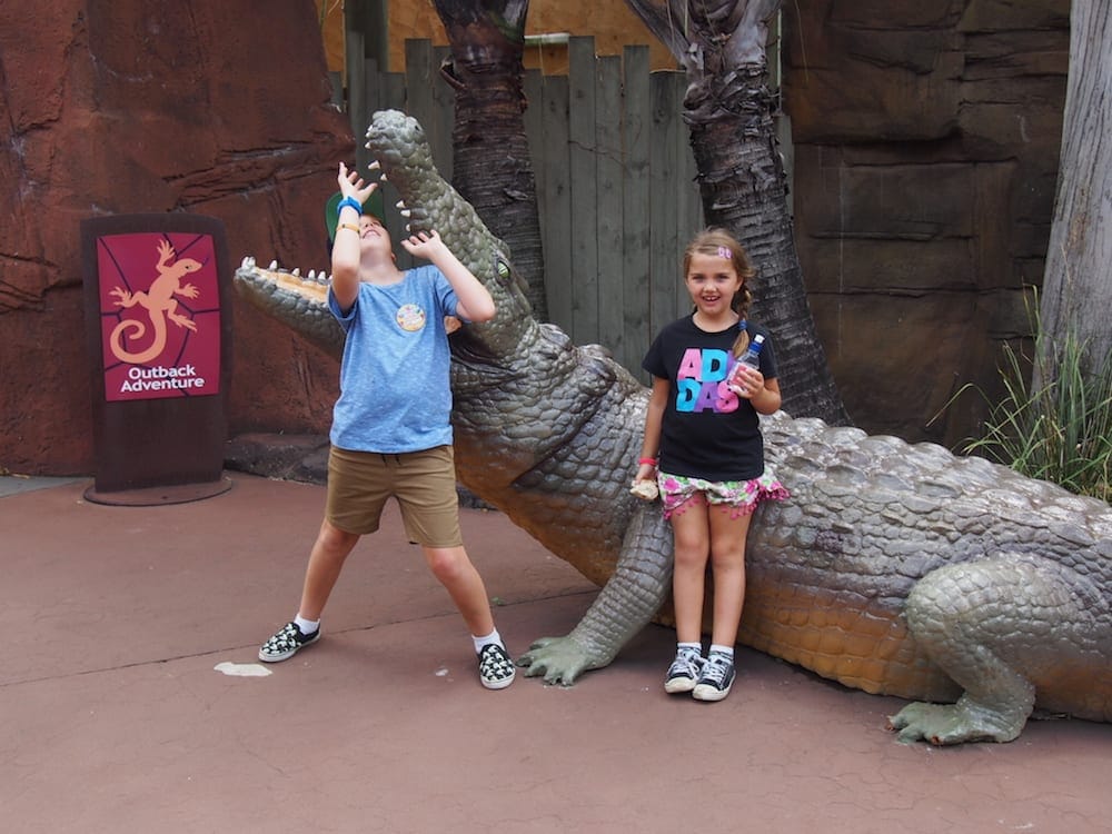 dkids goofing with pretend crocodile at reamworld for families