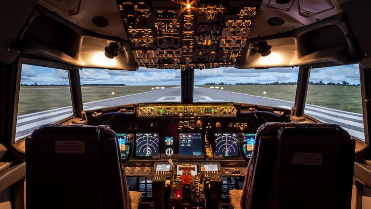 Inside of a flight simulator cockpit.