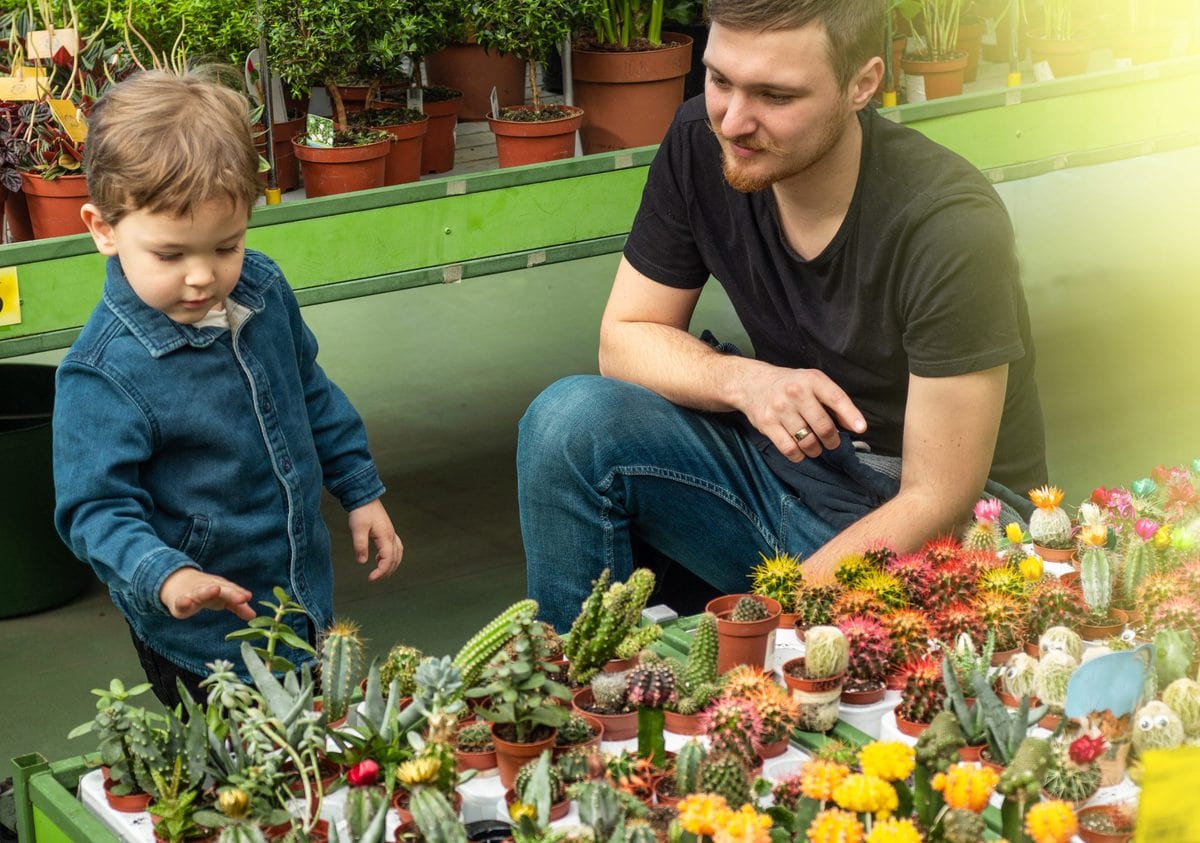 Father and son in plant nursery