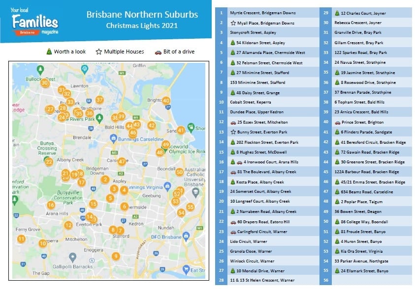 2021 Brisbane Northern suburbs Christmas lights map and lists image