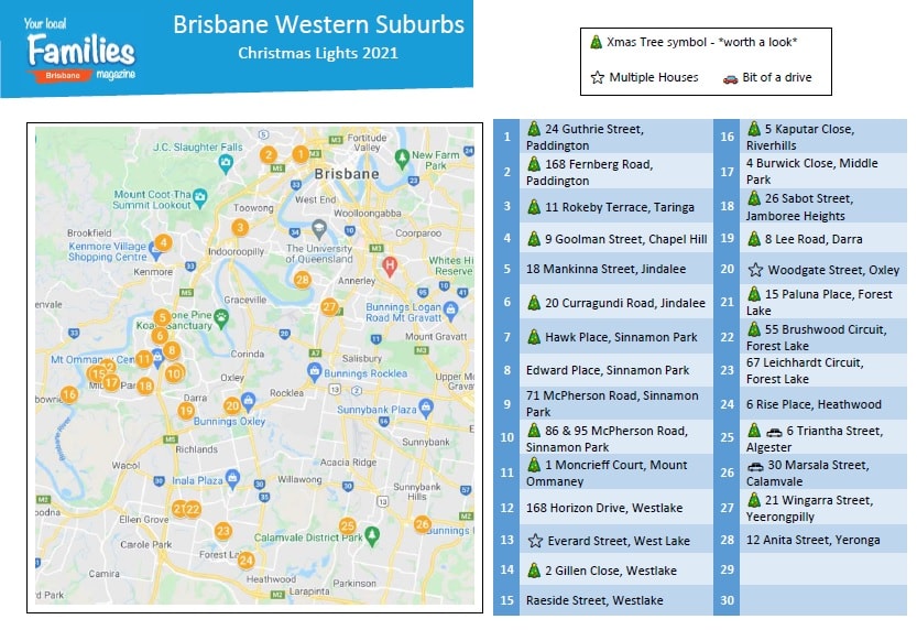 2021 Brisbane Western suburbs Christmas lights map and lists image