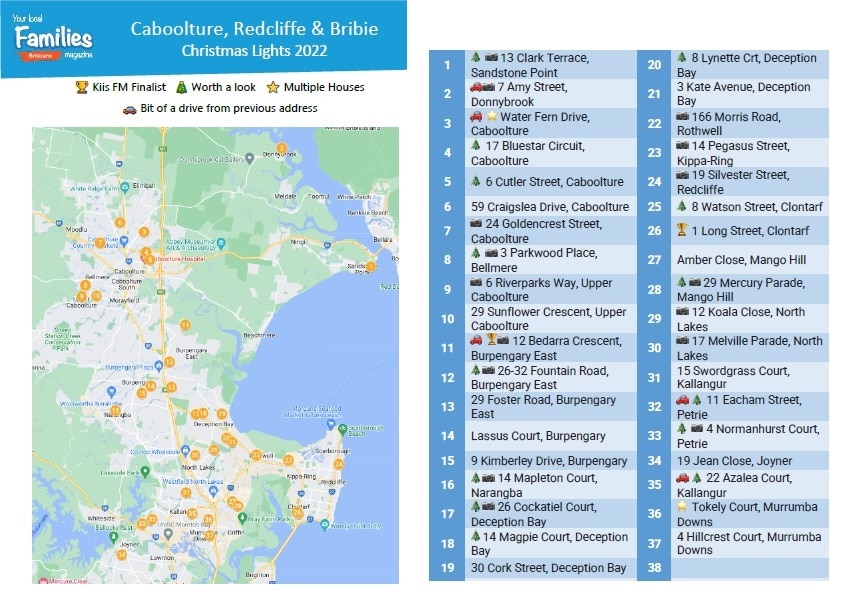 2022 Caboolture Redcliffe and Bribie Christmas Lights printable list and map