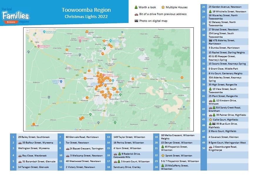 2022 Toowoomba Christmas lights and map