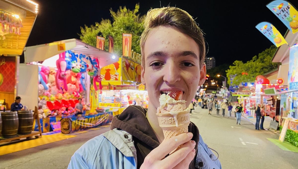 Ekka food includes dagwood dogs and delicious strawberry sundaes.