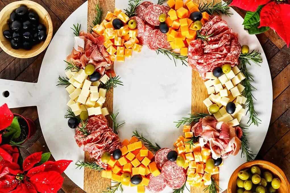 simple cheese and salami charcuterie wreath