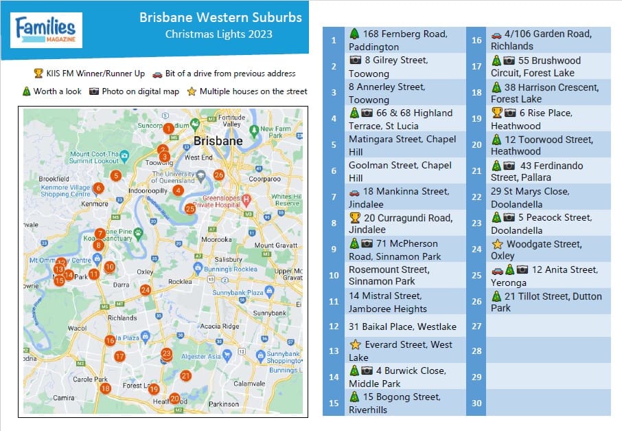 Western suburbs Brisbane Christmas lights map V2