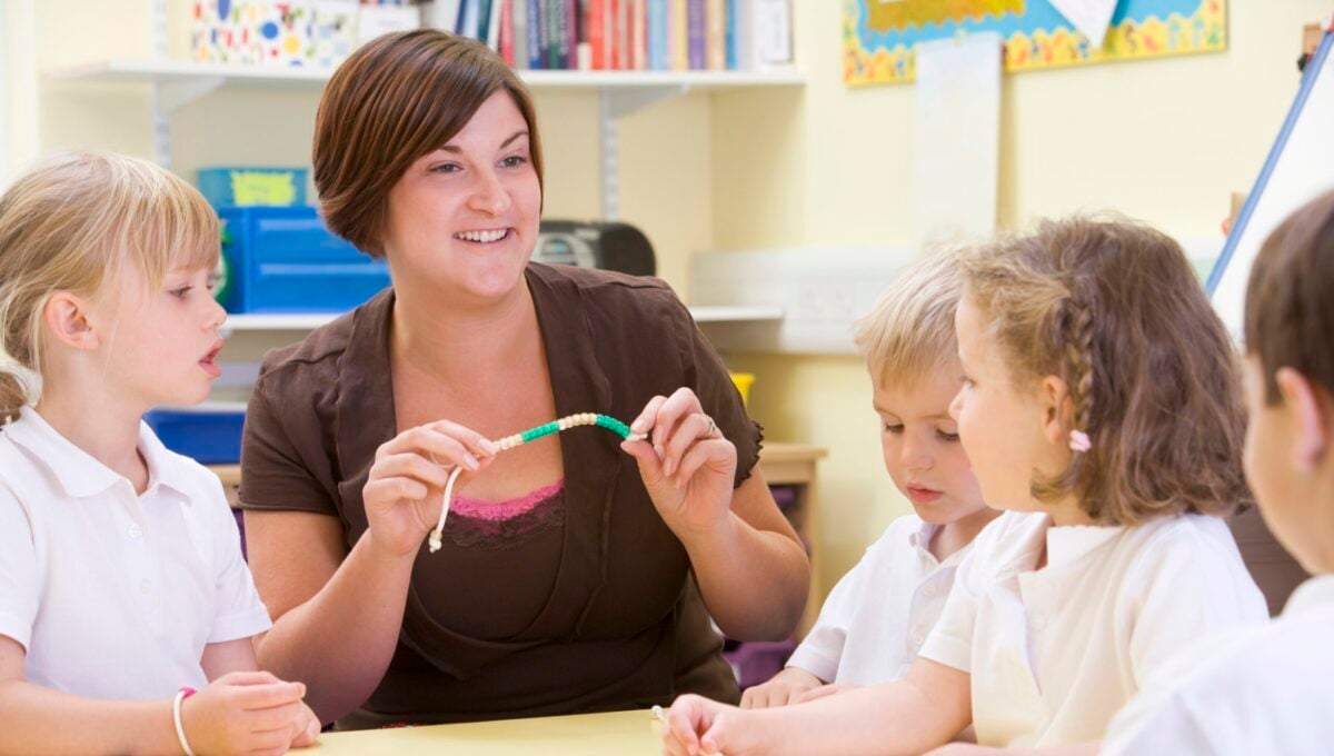 Teacher demonstrating mathematics to primary school children in line with Australian National Curriculum