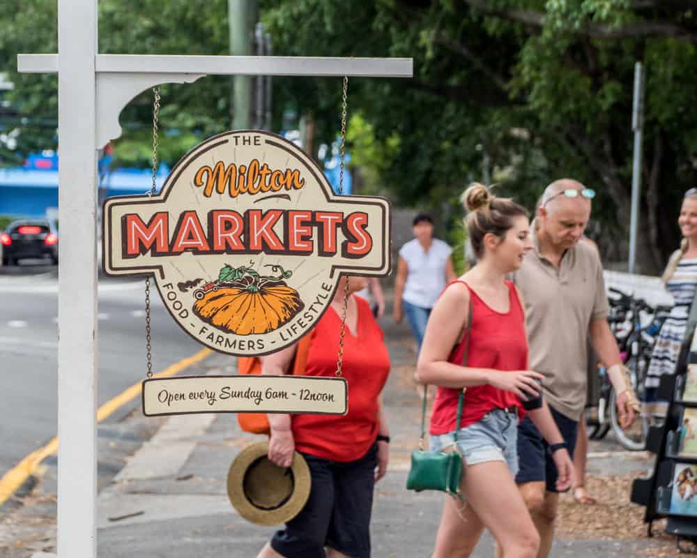 Milton Markets sign at the Sunday markets in Brisbane with people walking past stalls.