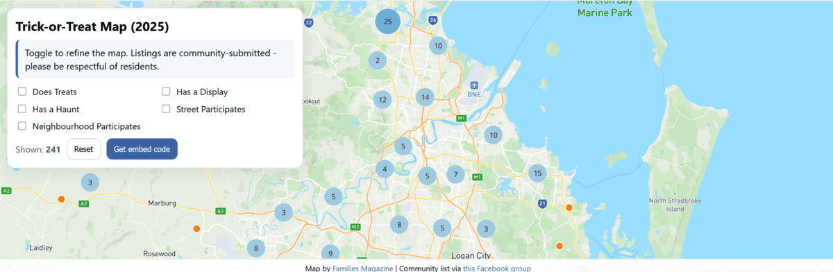 Families Magazine Halloween Trick-or-Treat map preview with pins across suburbs