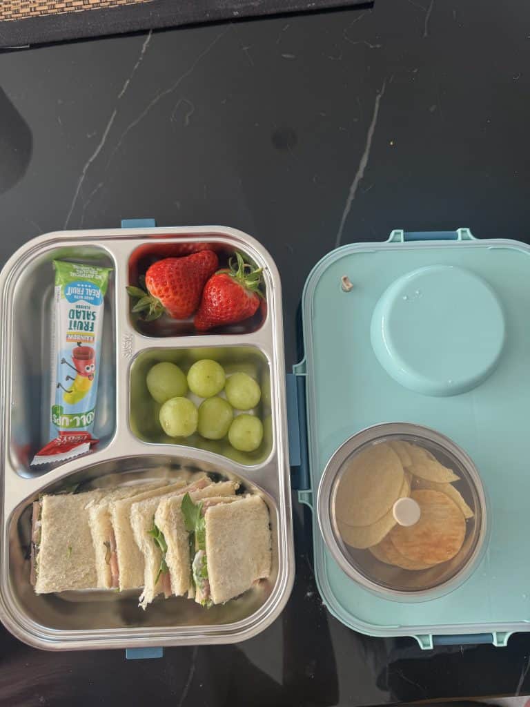 Open stainless-steel kidsโ lunch box showing small sandwiches, strawberries, grapes, fruit strap, and a side container with chips.