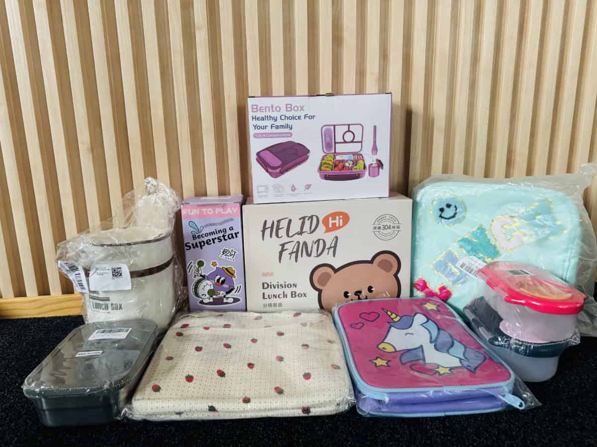 A variety of lunch boxes including bento boxes, insulated bags, kids’ unicorn lunch bag and stackable containers, perfect for school, work and family day trips.