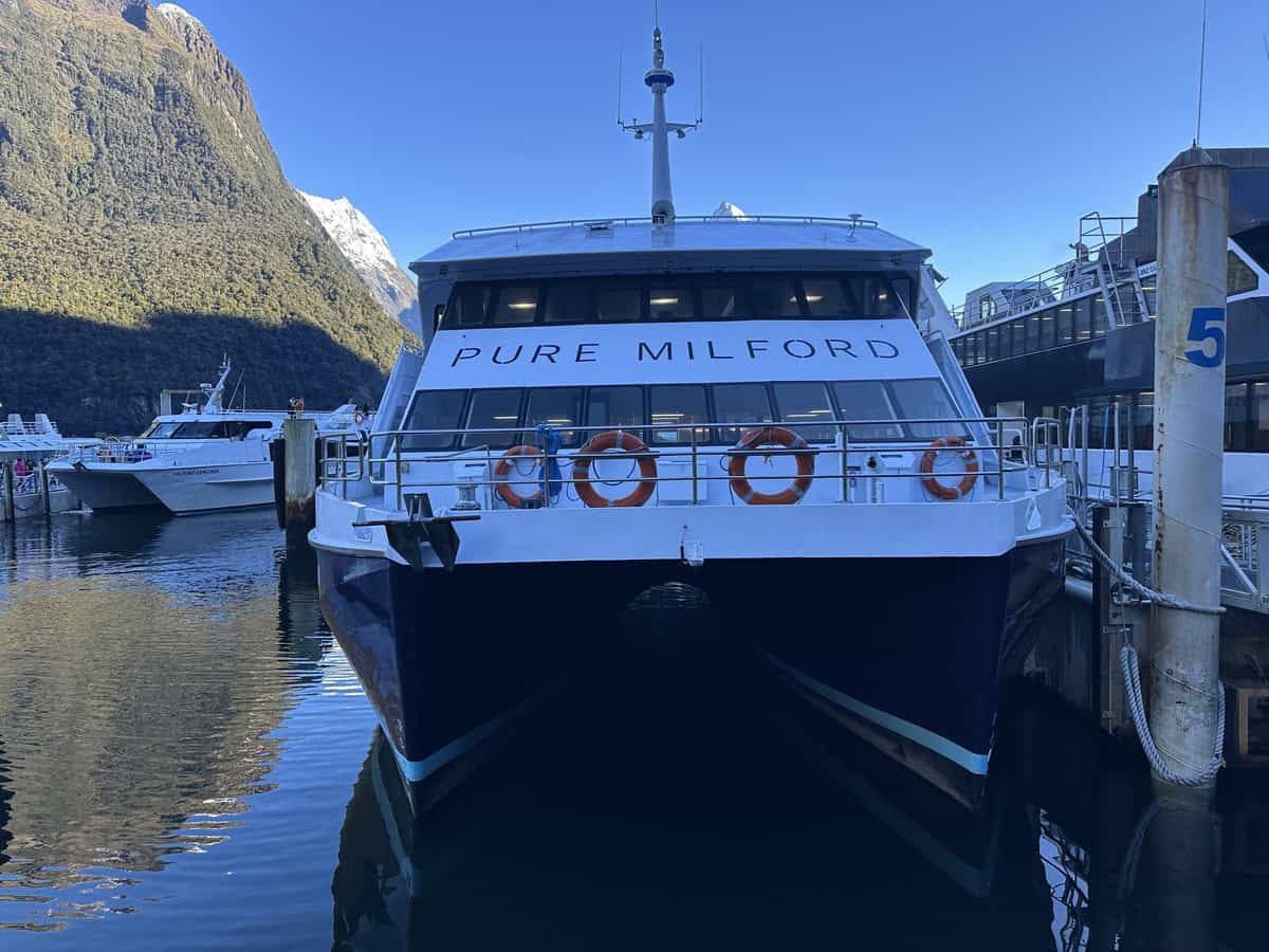 Pure Milford cruise boat docked at Milford Sound with mountains reflecting in the calm water