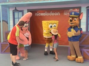 Kids meeting SpongeBob SquarePants, Patrick Star and Chase from PAW Patrol during a family stay at Sea World Gold Coast