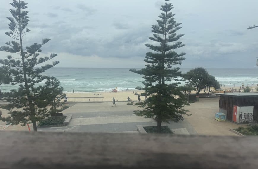 Beachfront view of Surfers Paradise on the Gold Coast, with pine trees, waves, and people enjoying the foreshore.