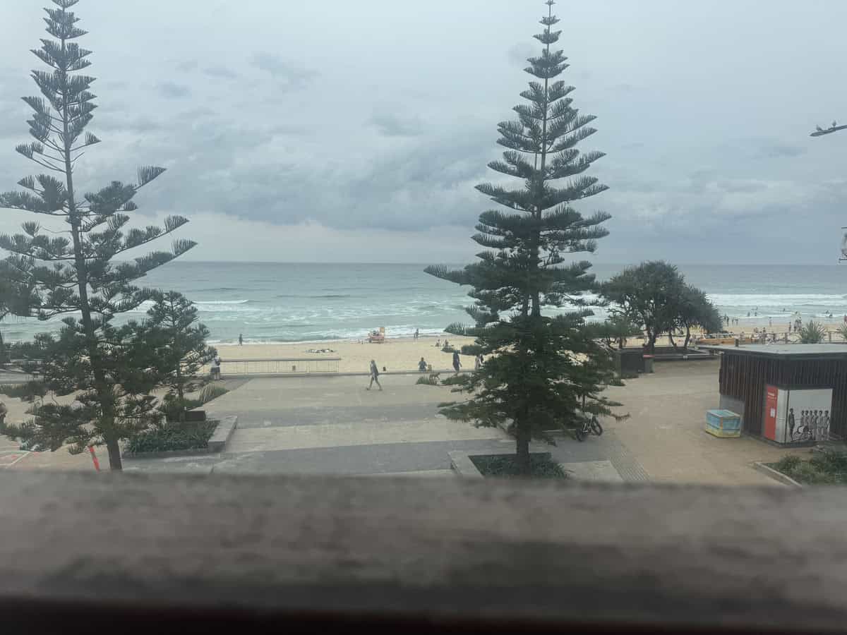 Beachfront view of Surfers Paradise on the Gold Coast, with pine trees, waves, and people enjoying the foreshore.