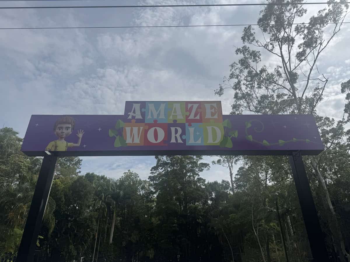 Entrance sign for Amaze World, a family attraction on the Sunshine Coast