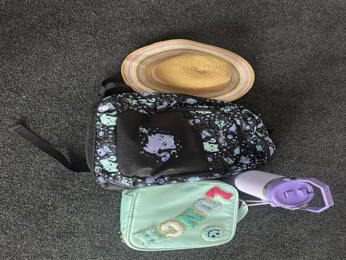 School bag, lunch pouch, water bottle and hat on the floor, showing everyday back-to-school items families deal with in Term 1