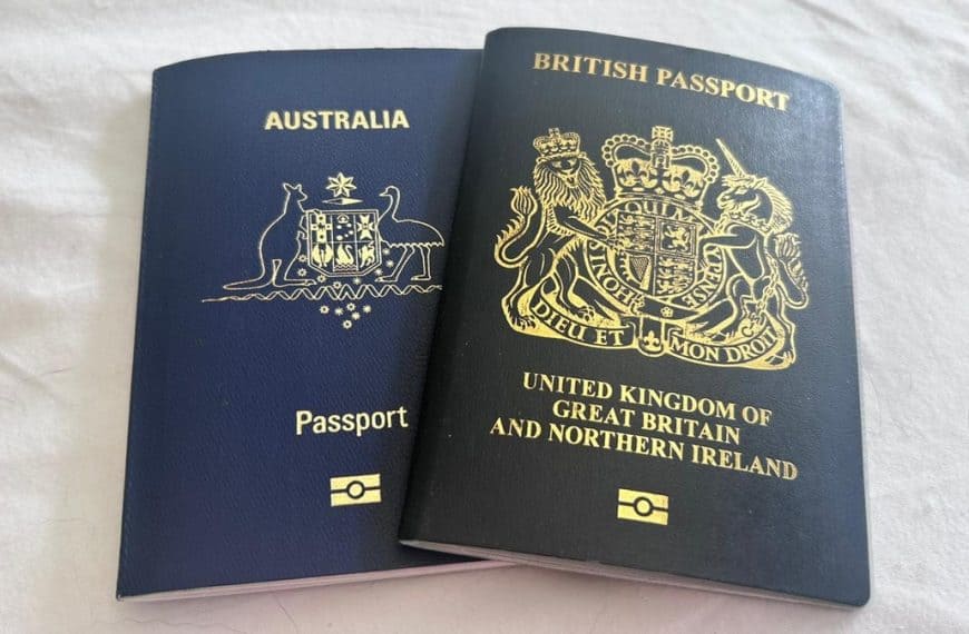 Australian and British passports side by side showing dual UK–Australian citizenship