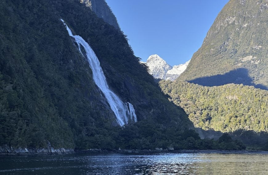 Waterfall cascading into Milford Sound with steep forested cliffs and calm water