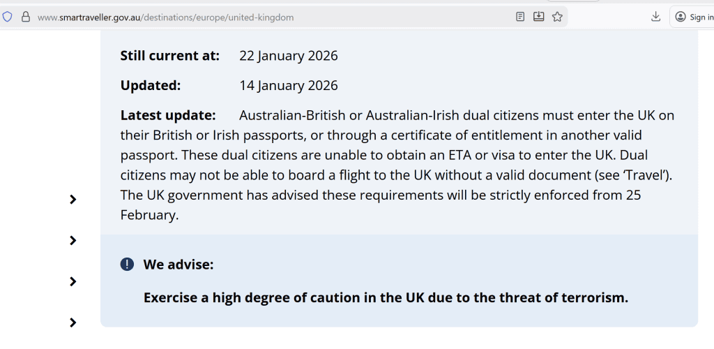 Australian Government Smart Traveller notice confirming UK entry rules for AustralianโBritish dual citizens from February 2026