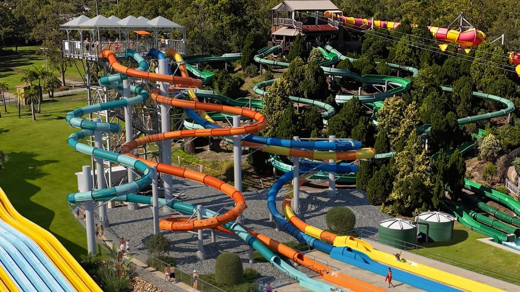 Aerial view of the Zoom Zone water slides at Wet’n’Wild on the Gold Coast