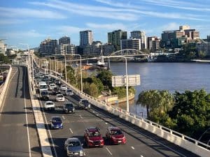 Busy Brisbane morning traffic showing the daily commute for local families