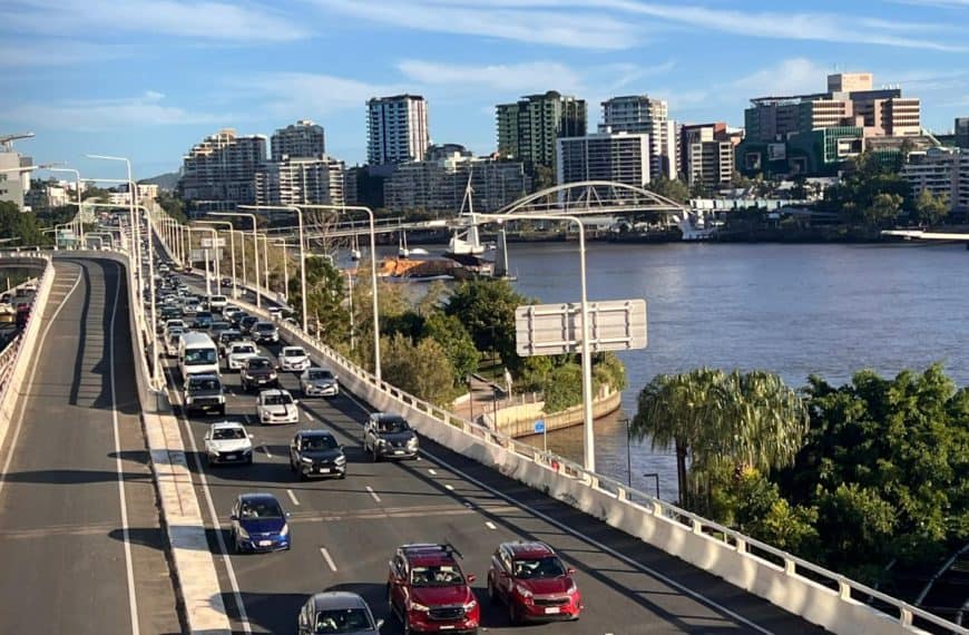 Busy Brisbane morning traffic showing the daily commute for local families
