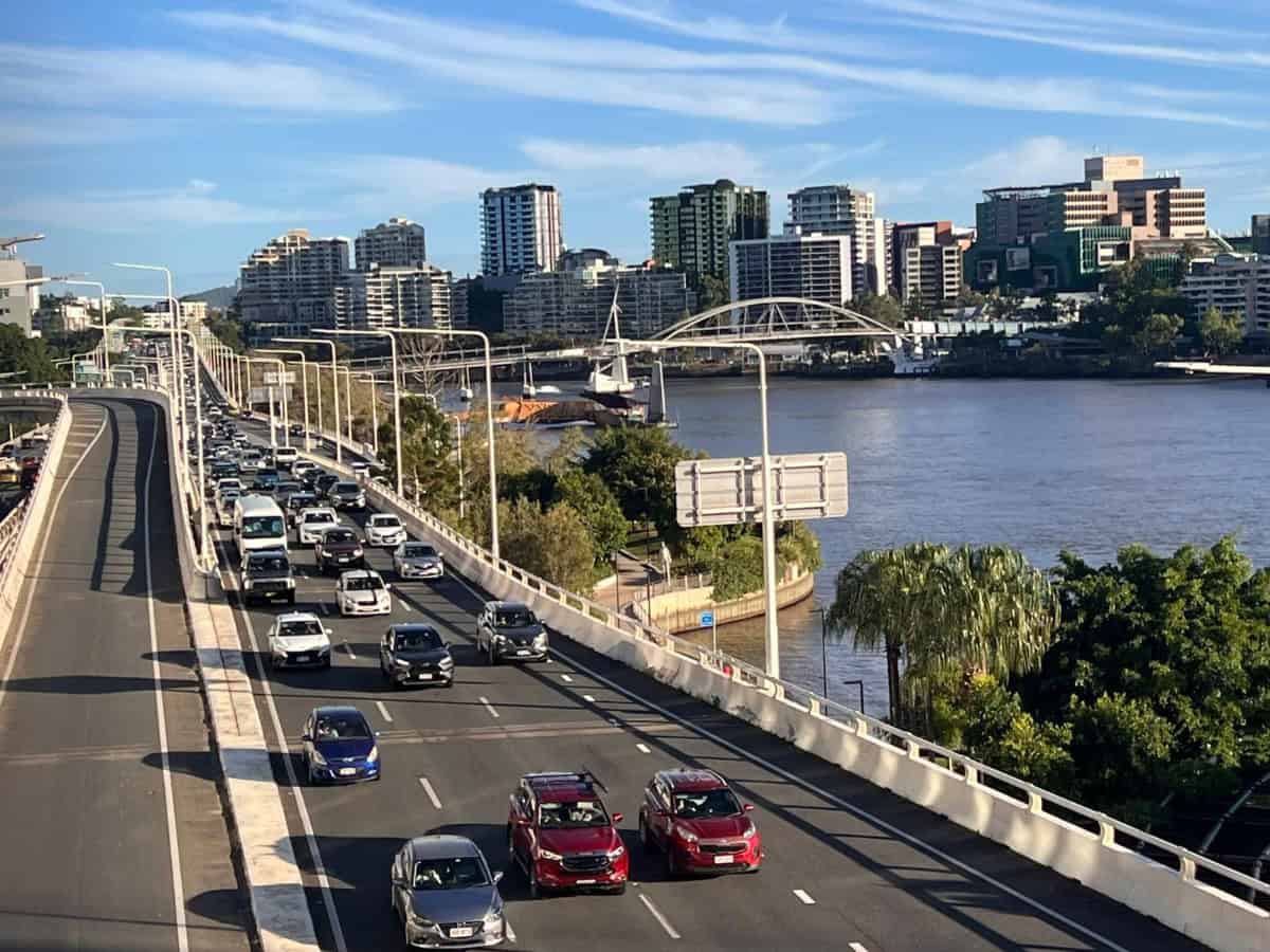 Busy Brisbane morning traffic showing the daily commute for local families