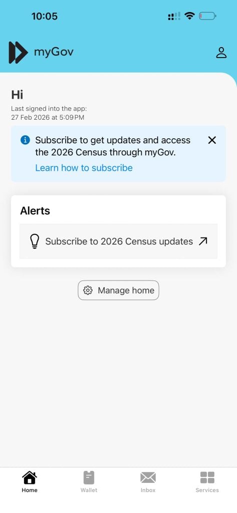 Screenshot of the Australian myGov app used for accessing government services and updates.
