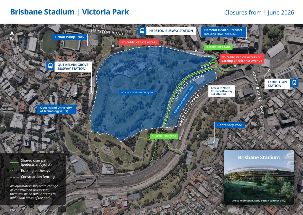 Map showing Victoria Park closures and public access changes from June 1 2026 for Brisbane Olympic stadium early works