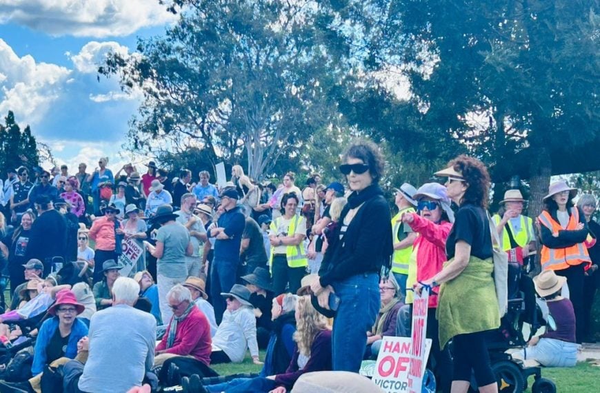 Crowd gathered at Victoria Park in Brisbane during a community protest about proposed development plans.