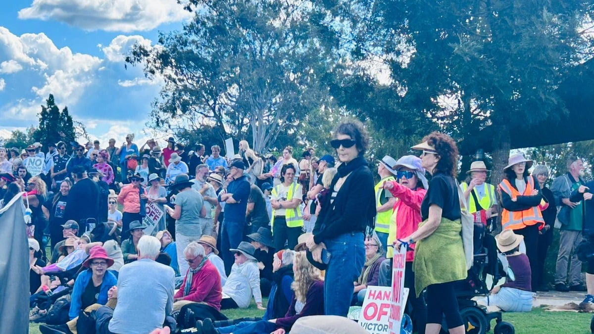 Crowd gathered at Victoria Park in Brisbane during a community protest about proposed development plans.